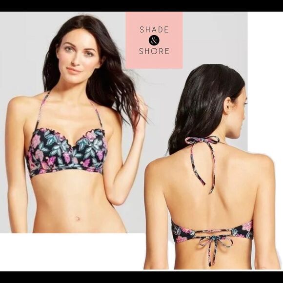 SHADE & Shore Black Floral Summer Lightly Lined Bikini Top Sz 34D - Picture 1 of 10